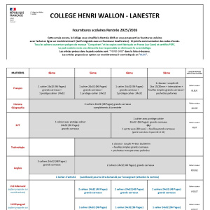 Liste fournitures 6-5-4-3e Rentrée 2025 Collège Henri Wallon - Lanester_page-0001